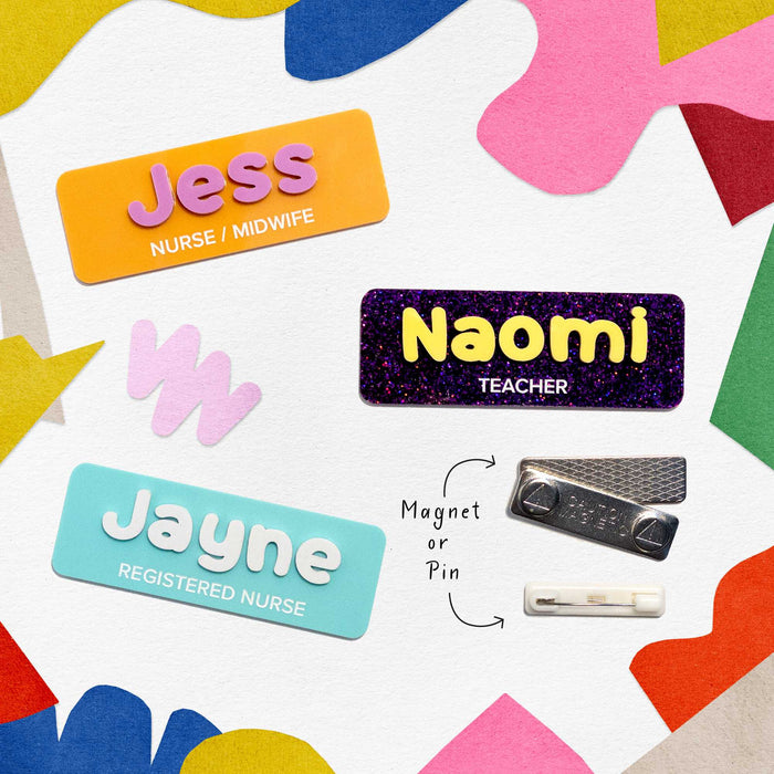 Custom name badge featuring a personalised design, ideal for professional identification and branding purposes.