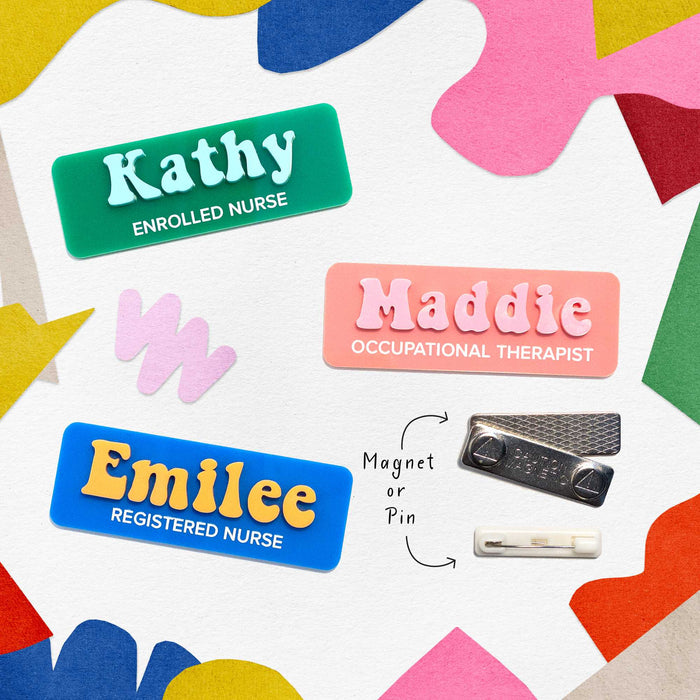 Custom name badge featuring a personalised design, ideal for professional identification and branding purposes.