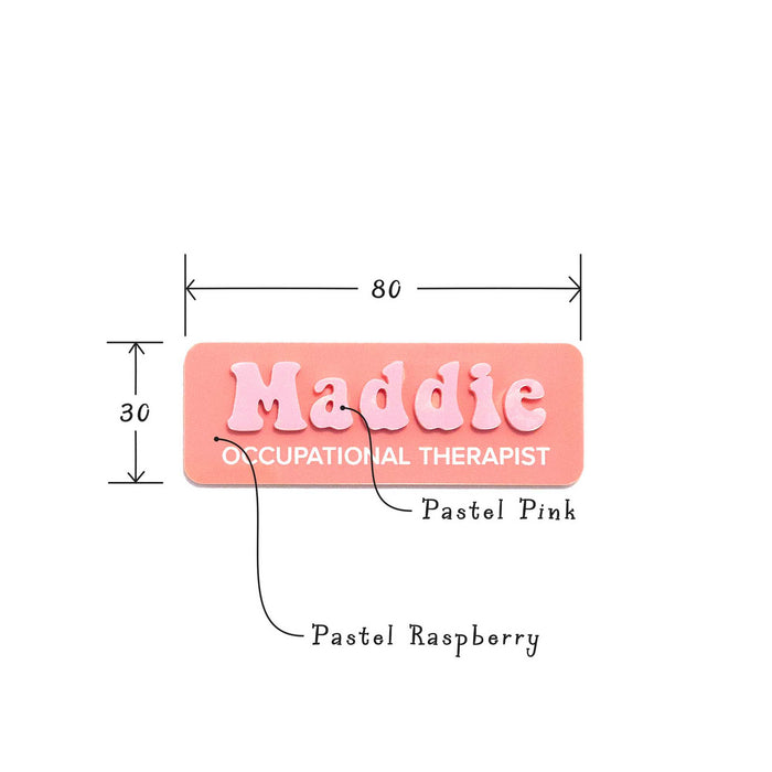 A display of a personalised name badge featuring size information and colour detail.