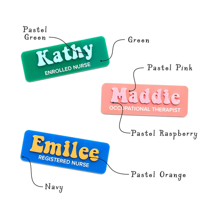 A display of personalised name labels featuring a selection of colours for custom badges and work plates.