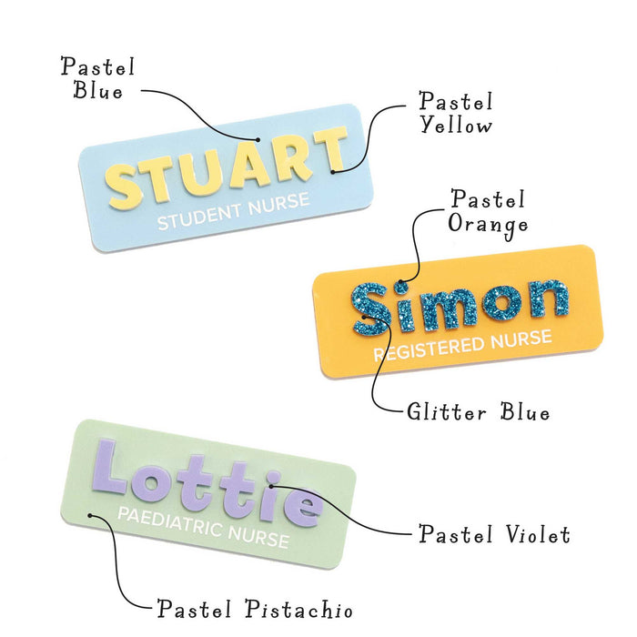 A display of personalised name labels featuring a selection of colours for custom badges and work plates.